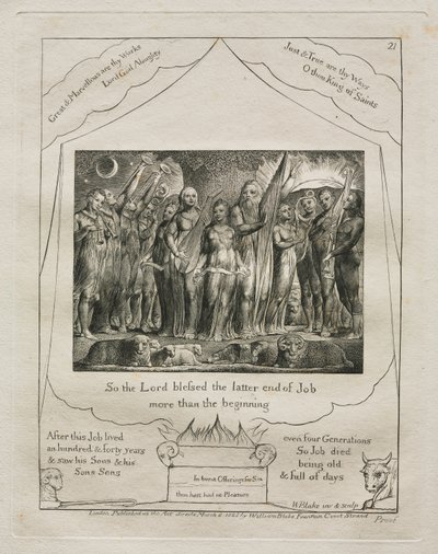 ヨブ記: Pl. 21、こうして主はヨブの終わりを祝福された/初めよりも多く 作： William Blake
