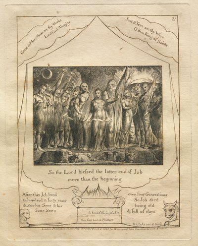ヨブ記: Pl. 21、こうして主はヨブの終わりを祝福された/初めよりも多く 作： William Blake