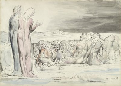 裏切り者のサークル：アルベルティ兄弟、ダンテアリギエーリによる「神の喜劇」への挿絵、1824-27年（ペンとインクに鉛筆と紙にチョークを重ねたインク） 作： William Blake