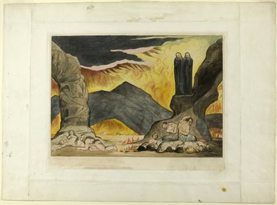 The Circle of the Falsifiers: 悪臭のために鼻を覆うダンテとヴァージル。 インフェルノ、canto XXIX 作： William Blake