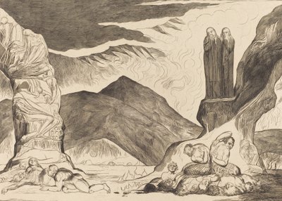 捏造者の輪。ダンテとヴィルジルが悪臭のために鼻を覆っている、1827年。 作： William Blake