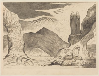「偽造者たちの円環」：悪臭のせいで鼻を押さえるダンテとウェルギリウス 作： William Blake
