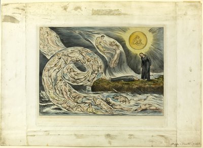 好色の輪：パオロとフランチェスカ。 インフェルノ、カント V 作： William Blake
