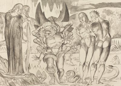 泥棒たちの輪」「六本足の蛇に襲われたアニョーロ・ブルネレスキ」1827年 作： William Blake