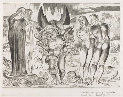 泥棒たちの輪」「六本足の蛇に襲われたアニョーロ・ブルネレスキ」1827年 作： William Blake