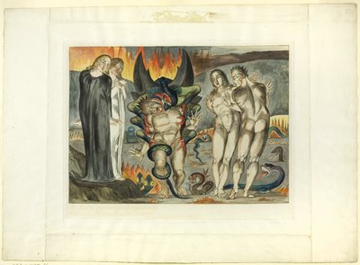 泥棒の輪; アニョーロ・ブルネレスキが六足の蛇に襲われる。 インフェルノ、カントXXV 作： William Blake