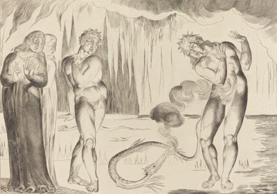 泥棒の輪」「蛇に襲われたブオーゾ・ドナティ」1827年 作： William Blake