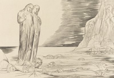 裏切り者の輪」「ダンテの足打ち ボッカ・デッリ・アバーテ」1827年 作： William Blake