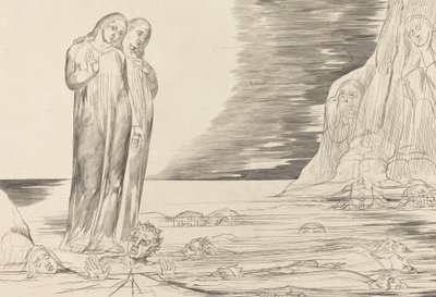 裏切り者の輪」「ダンテの足打ち ボッカ・デッリ・アバーテ」1827年 作： William Blake