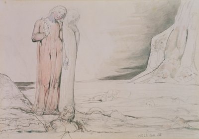 ダンテ・アリギエリ（1265-1321）の「神曲」の「インフェルノ」の第32番からの挿絵「裏切り者の輪」（紙にペンとインク、鉛筆、水彩）。 作： William Blake