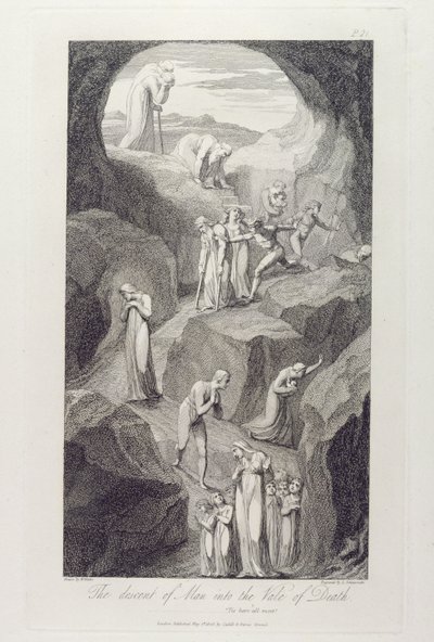 ルイジ・シャボネッティ（1765-1810）、1808年に彫られたウィリアムブレイク（1757-1827）の「The Grave、A Poem」からのイラスト、死の谷への人間の降下、pl.8 作： William Blake