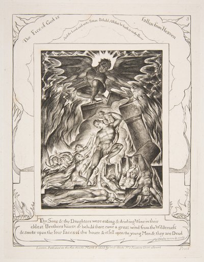 1825-26年の「職業書」の挿絵からの、職業息子の破壊。 作： William Blake