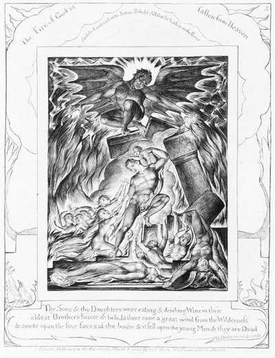 「ヨブ記のイラスト」からのヨブの息子の破壊プレート3 作： William Blake