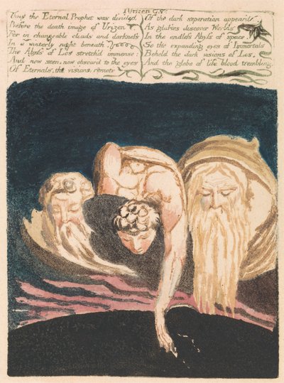 ユリゼン書の第 1 巻、プレート 13、「こうして永遠の預言者は分割された . . .」 (Bentley 15) 作： William Blake