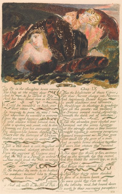 ユリゼン書の第 1 巻、プレート 23: 「屠殺場の牛がうめく…」 (ベントレー25) 作： William Blake