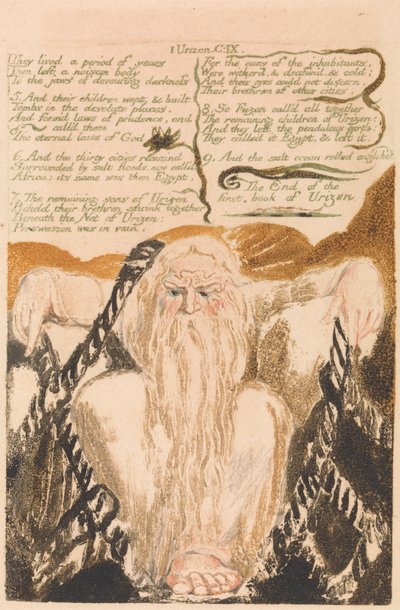 ユリゼン書の第 1 巻、プレート 25、「彼らは何年も生きていた…」 (ベントレー28) 作： William Blake