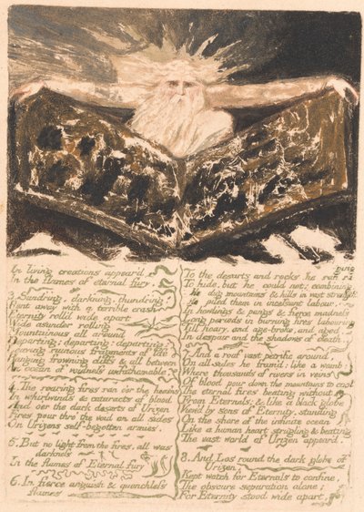 Urizen の最初の本、第 6 版、「生きている創造物の中には . . . .」 (ベントレー5) 作： William Blake