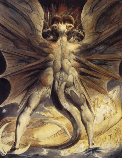 太陽の下で服を着た赤いドラゴンと女、およそ1802-1805年 作： William Blake