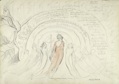 ホーマーのシェードと他の古代の詩人、ダンテ・アリギエーリによる神曲の挿絵、1824-27年（ペンと紙に鉛筆とチョークの上にペンでインクを塗ったもの） 作： William Blake