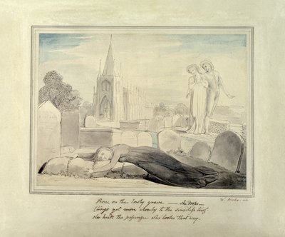 彼女の夫の墓を抱く未亡人（ペンとブラシ、紙に黒のインクとトイレ） 作： William Blake