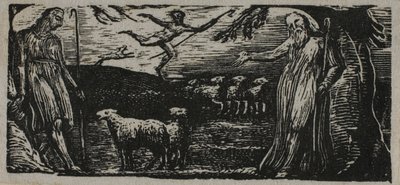 ウェルギリウスのパストラルズより、背景にライトフットのコリネットとテノットが抗議する 作： William Blake