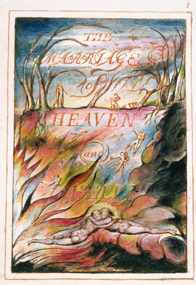 「天国と地獄の結婚」のタイトルページ、1790-3（ペンとトイレでレリーフエッチングが終了） 作： William Blake