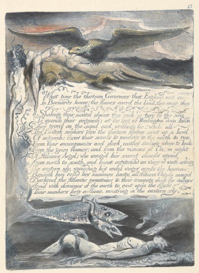 「13 人の総督は何時に...」、「アメリカ: 予言」のプレート 15 作： William Blake