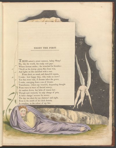 ヤングの夜の考え、1ページ、「ダウニーピニオンのスウィフトは悲惨から飛ぶ」 作： William Blake