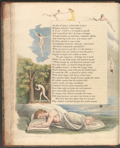 ヤングの夜の考え、4ページ、「私の魂のファンタスティックな手段が踏んだとしても」 作： William Blake