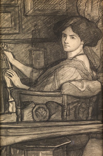 画家の娘レナとヴァイオリン（木炭） 作： William Blake Richmond