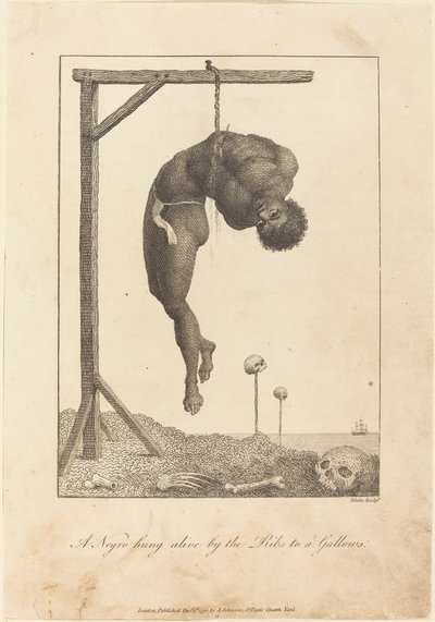 生きたまま肋骨で絞首台に吊るされた黒人 作： William Blake after John Gabriel Stedman