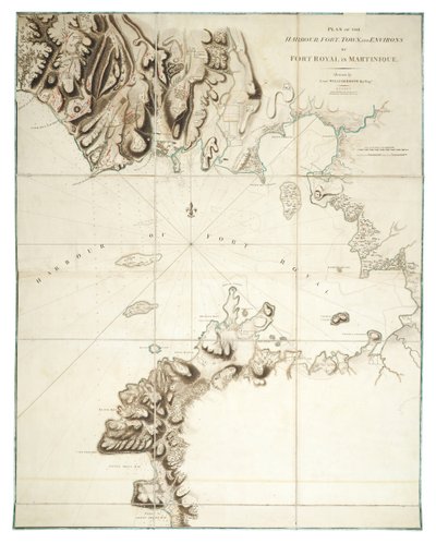 マルティニークのフォート・ロワイヤルの港、砦、町とその周辺の平面図 作： William Booth