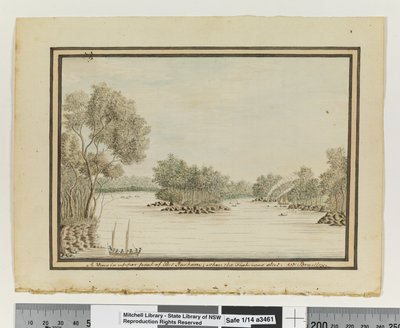 P.120を参照。魚が撃たれた時のポート・ジャクソン上部の眺め」1802年頃（水彩画 作： William Bradley
