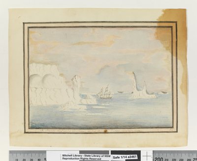 追記：150ページ。シリウス号が1788年12月14日にホーン岬沖を航行した「氷の島々」、1802年頃（水彩画 作： William Bradley