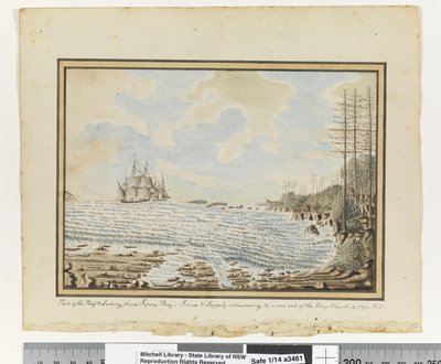 Opp.p.194。シリウスとサプライが湾の外で作業しようとしている。1790年3月19日」、1802年頃（水彩）。 作： William Bradley