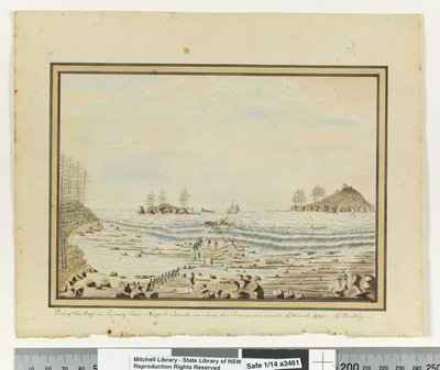 Opp.p.195。シリウス号が難破したノーフォーク島のシドニー湾にある岩礁の一部。1790年3月19日」、1802年頃（水彩）。 作： William Bradley