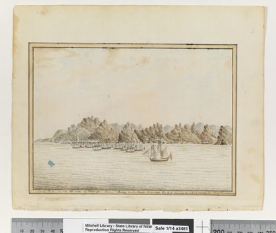 追記：19ページ。テネリフのSE側のサンタ・クルス、道路上のシリウスとコンボイ。1787年6月。峰は2つの山の間の隙間に見えている」1802年頃（水彩）。 作： William Bradley