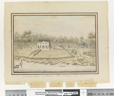 P.225をご覧ください。シドニーの総督邸、ポート・ジャクソン1791」1802年頃（水彩画 作： William Bradley