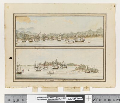 p.292をご覧ください。バタヴィア」と「バタヴィア湾のオントラップ」1802年頃（水彩画 作： William Bradley
