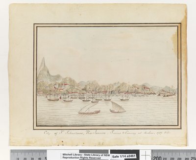 P.37をご覧ください。リオジャネイロ、セント・セバスティアンズの街。シリウスと停泊中のコンボイ。1787」（請求記号：ML Safe 1/14 o）1802年頃（水彩画 作： William Bradley