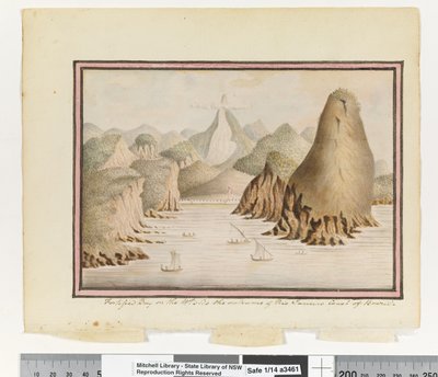 P.38に掲載されています。ブラジルのリオジャネイロ海岸の入り口の西側にある要塞化された湾」1802年頃（水彩画）。 作： William Bradley