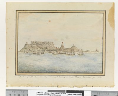 追記：P.46。1787年11月、テーブル・ベイのシリウスと護衛艦。1787年」1802年頃（水彩画 作： William Bradley