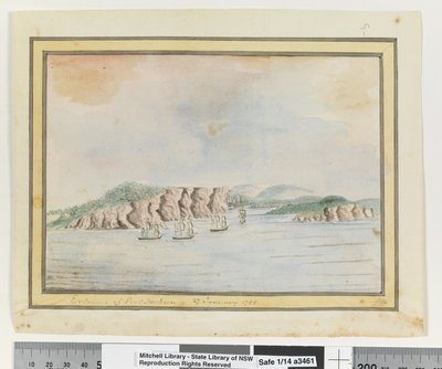 追記：65ページ。1788年1月27日ポート・ジャクソンの入り口」1802年頃（水彩画 作： William Bradley