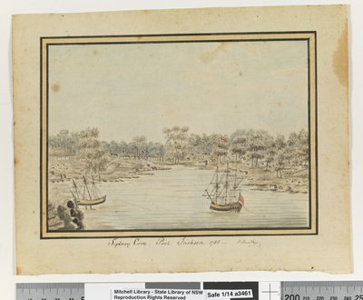 Opp.P.84に掲載されています。シドニー・コーブ、ポート・ジャクソン。1788年」1802年頃（水彩画 作： William Bradley