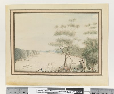 追記：90ページ。ニュー・サウス・ウェールズ州ブロークン・ベイの眺め。1788年3月」、1802年頃（水彩画 作： William Bradley