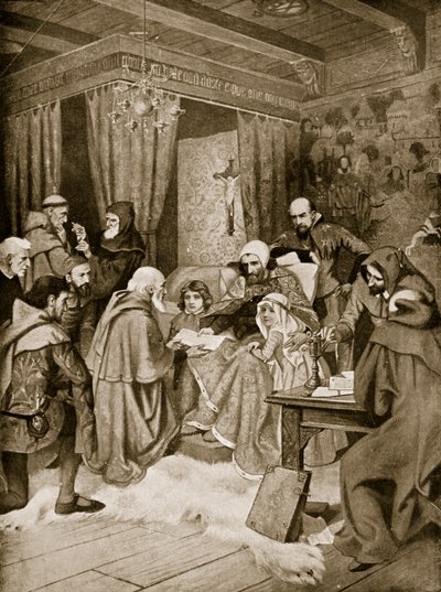 1932年頃の「ハッチンソンのイギリス国民の物語」からのチャーター、1329年のイラストを授与したロバートブルース 作： William Brassey Hole