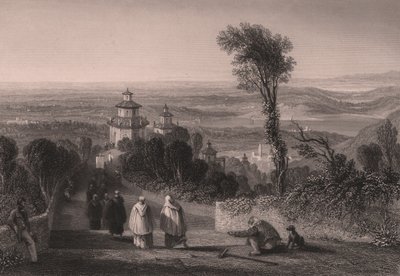 イタリア、ロンバルディア州ヴァレーゼのサクロモンテ（聖山）からの眺め、ウィリアム・ブロックドン（1787-1854）の図面からT・ウィルモアがスチール・エングレーヴィング、約23x18cm。 作： William Brockedon