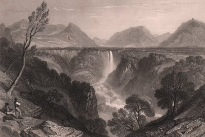 イタリア、ウンブリア州、テルニ近郊のマルモアの滝（Cascata delle Marmore）の眺め、ウィリアム・ブロッケドン（1787-1854）のデッサンをもとにジェームズ・ティビッツ・ウィルモア（1800-1863）がスチール・エングレーヴィング、23x18.5cm前後。 作： William Brockedon