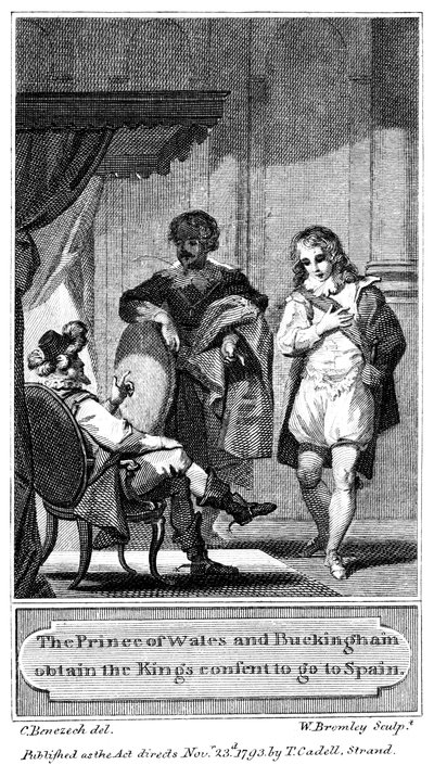 1793年、プリンスオブウェールズとバッキンガムはスペインに行くことで王の同意を得る 作： William Bromley