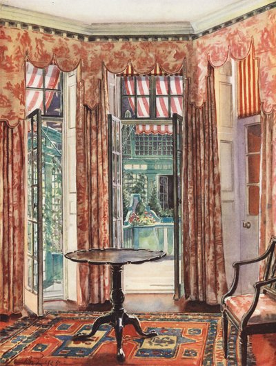 室内装飾：赤を基調としたロンドンの部屋（カラーリトグラフ） 作： William Bruce Ellis Ranken